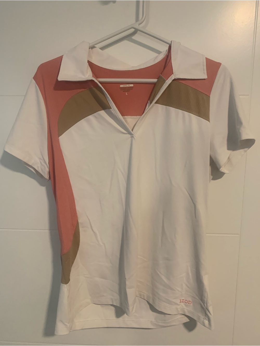 IZOD White Polo with Coral and Tan Accents Paula